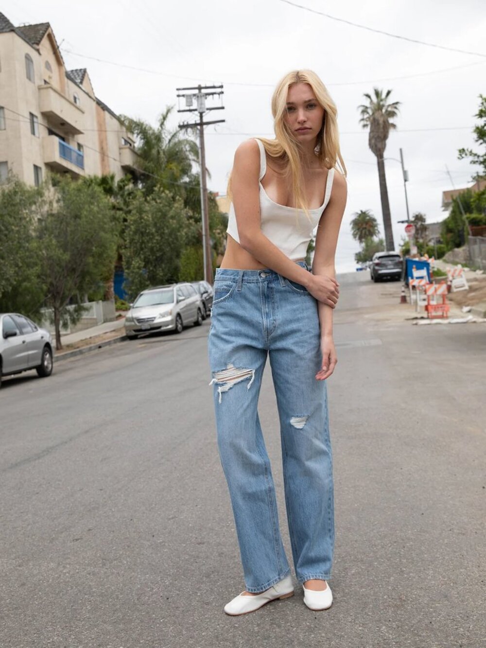 OAK+FORT 90's Straight Leg Jean Light Stone Distressed Denim